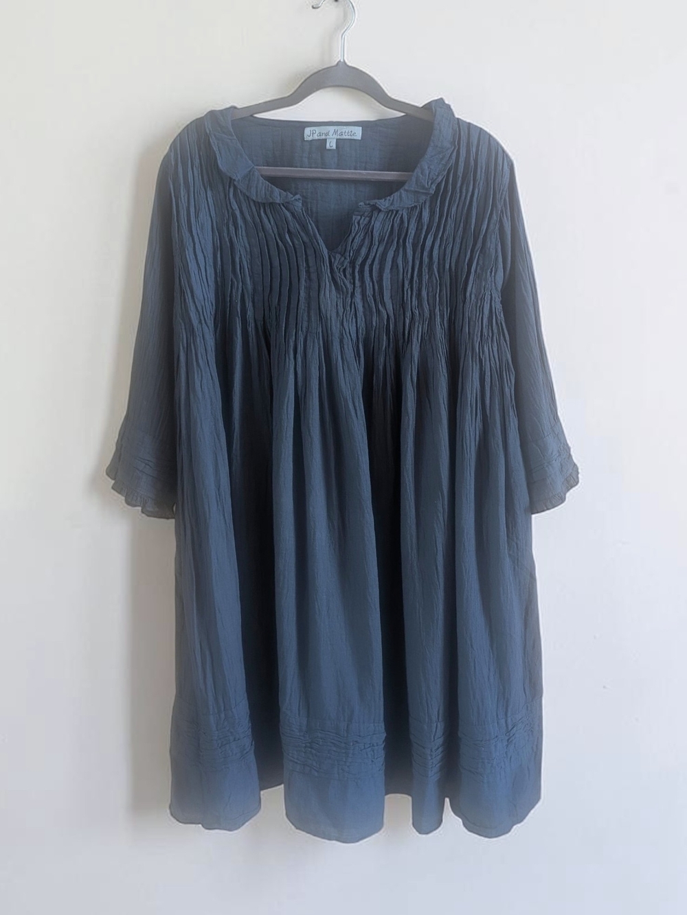 JP And Mattie Cotton Crinkle Pintuck Dress Navy Blue Boho Lagenlook